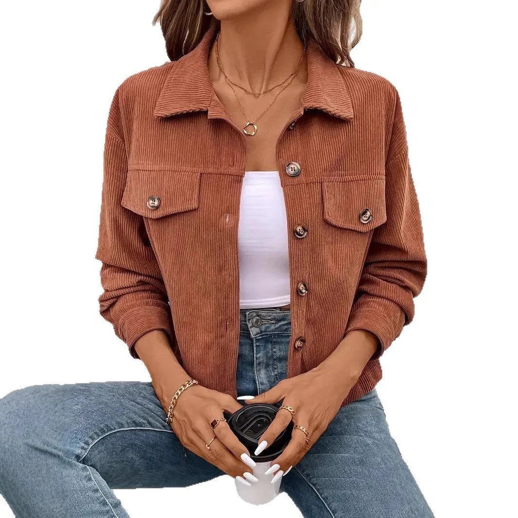 Women's loose fit retro artistic polyester shirt coat in brown, long sleeves, button front