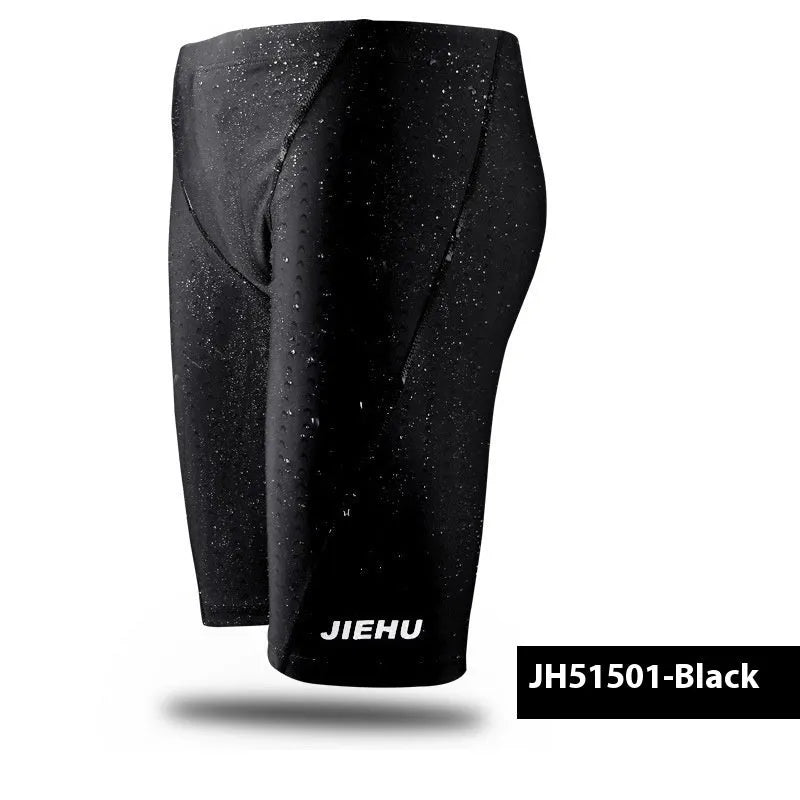 Men's five-point anti-embarrassment swimming trunks in solid black quick-dry nylon