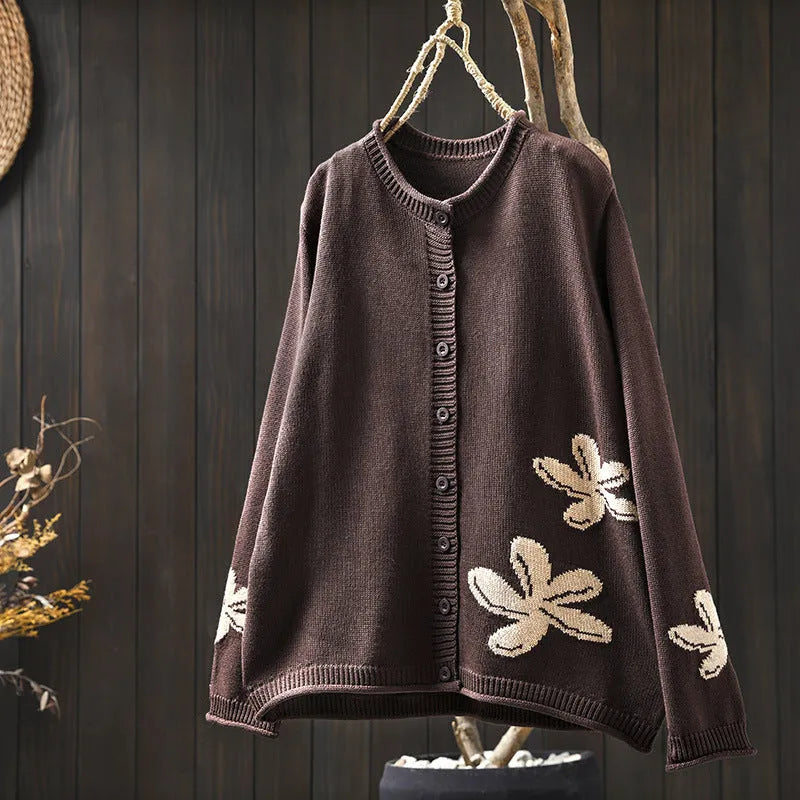 Women's loose retro flower contrasting knit cardigan with button front in khaki, showing long sleeves and floral pattern