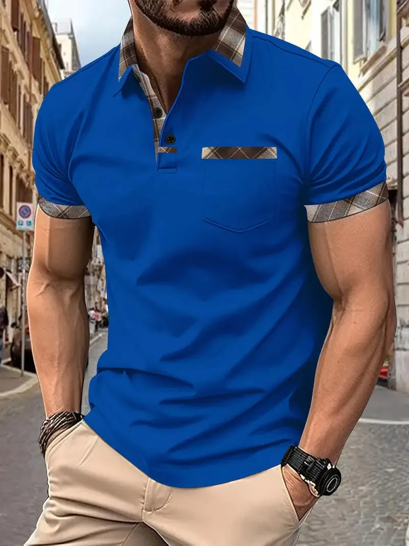 Men's loose fit plaid colourblock t-shirt with short sleeves and zipper decorations.