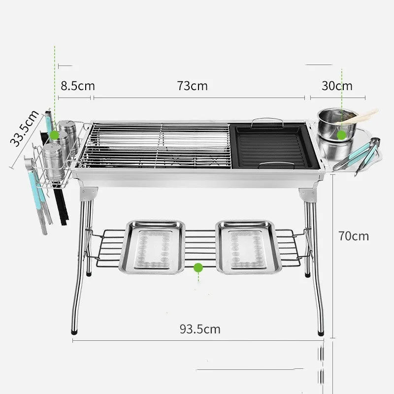 Stainless steel portable folding barbecue oven with 73 cm width for outdoor cooking