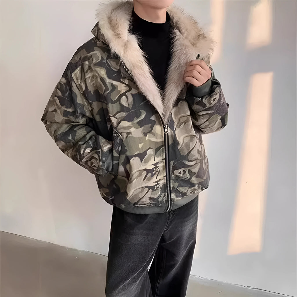 Men's retro washed camouflage fur collar hood jacket with loose fit and cotton lining