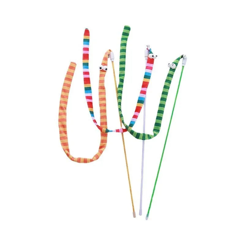 Colourful cat wand toy with a long plush strip teaser and bell, held by a polycarbonate handle.