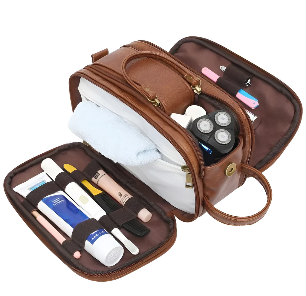 Men's solid colour Pu toiletry bag for travel storage, shown in black and brown options.