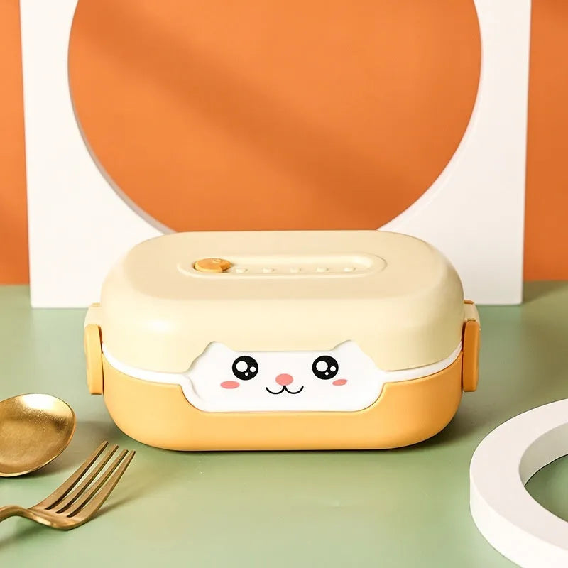 Square divided plastic lunch box with cartoon design in dark blue, orange yellow, or pink and green colours