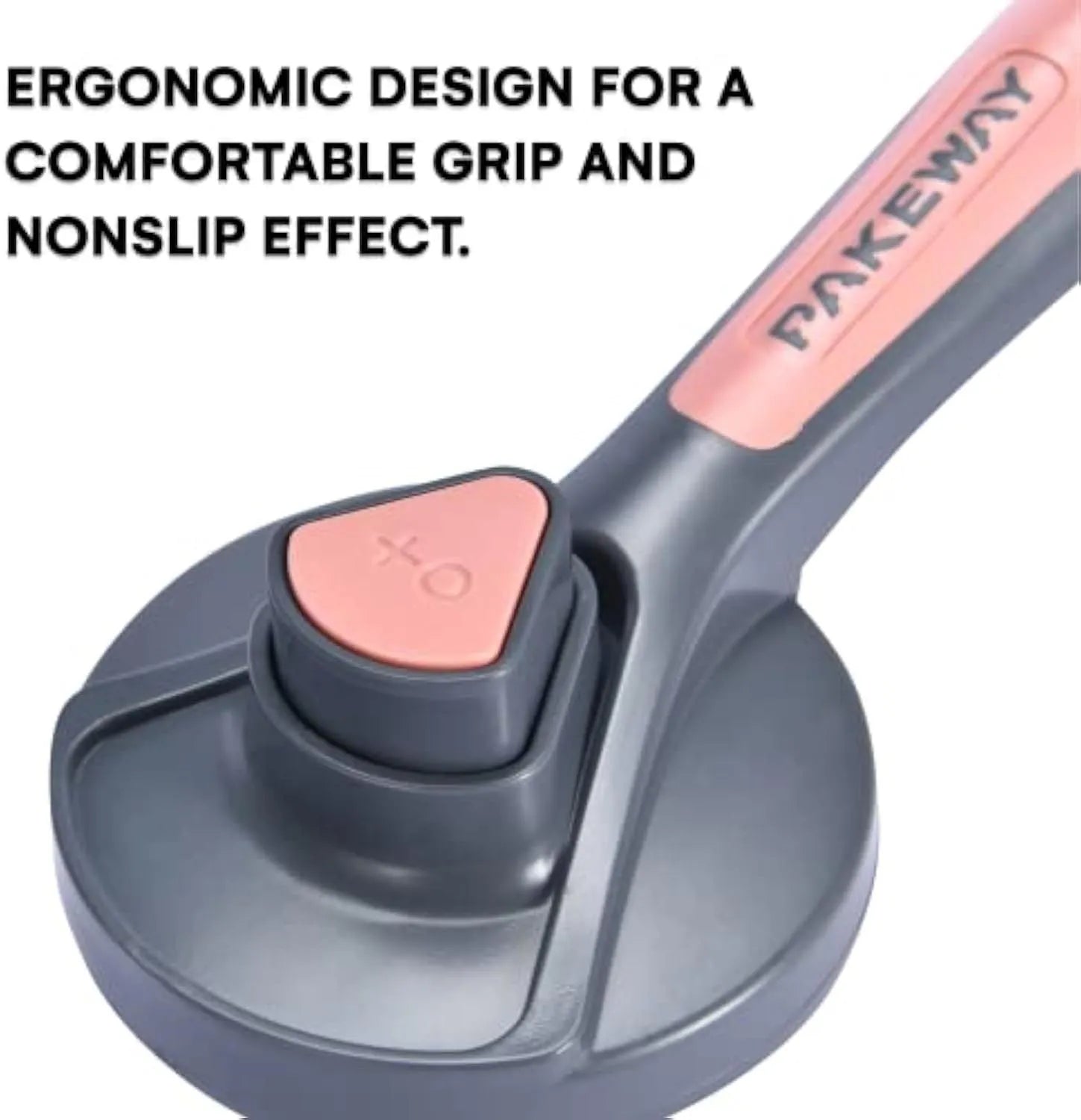 Grey self-cleaning slicker brush for grooming cats and dogs on a wooden table.
