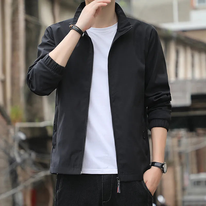 Korean style loose fit men's autumn jacket in black, shown with zip front and pockets