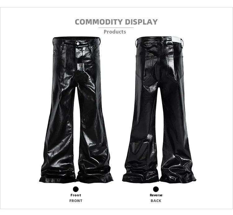 Black straight-leg jeans with patent leather coating on cotton denim fabric