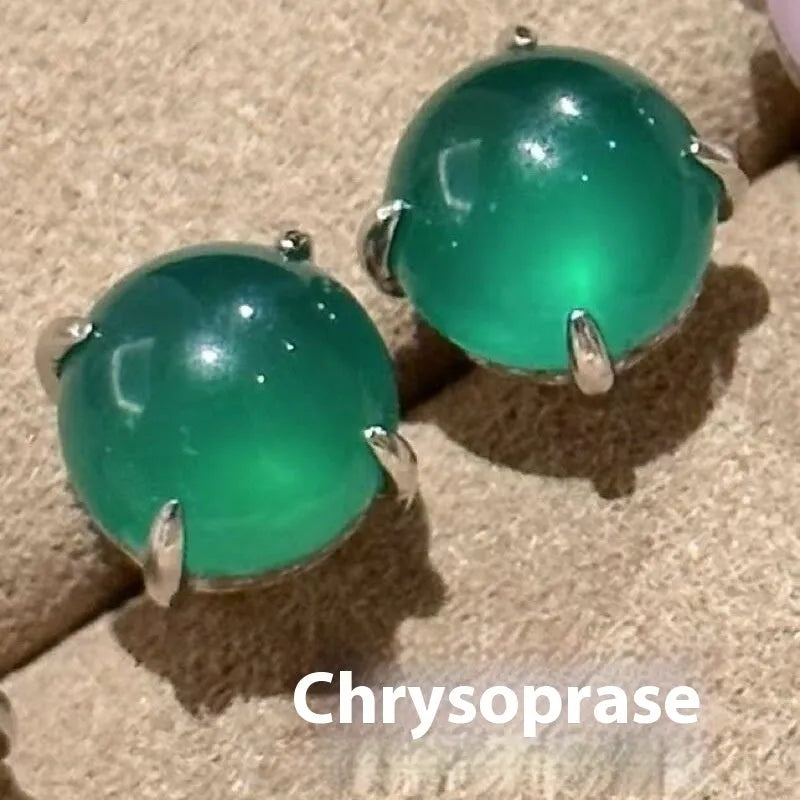Chinese style chalcedony stud earrings with geometric design and claw setting
