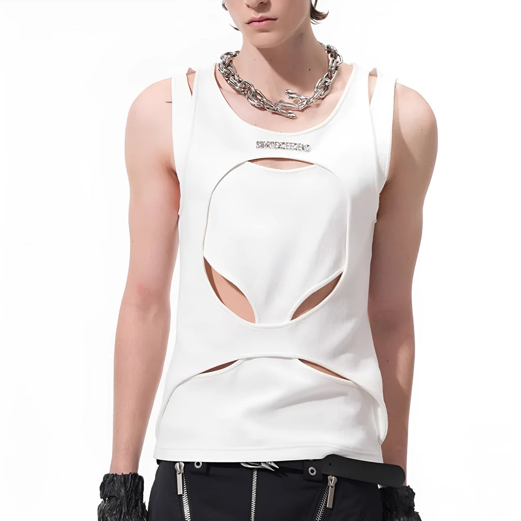 Men's loose black and white hollow knit sleeveless summer vest on a hanger.