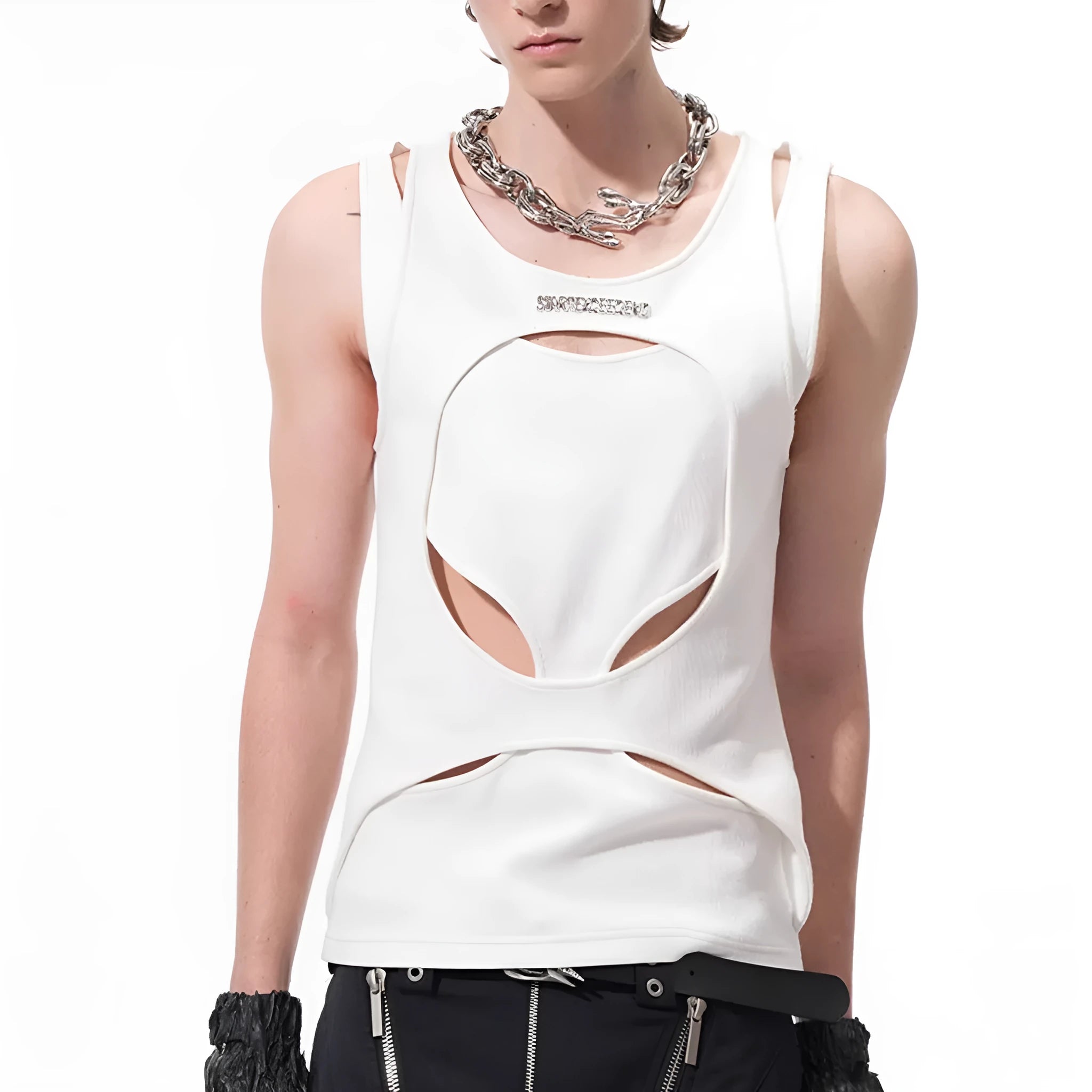 Men's loose black and white hollow knit sleeveless summer vest on a hanger.