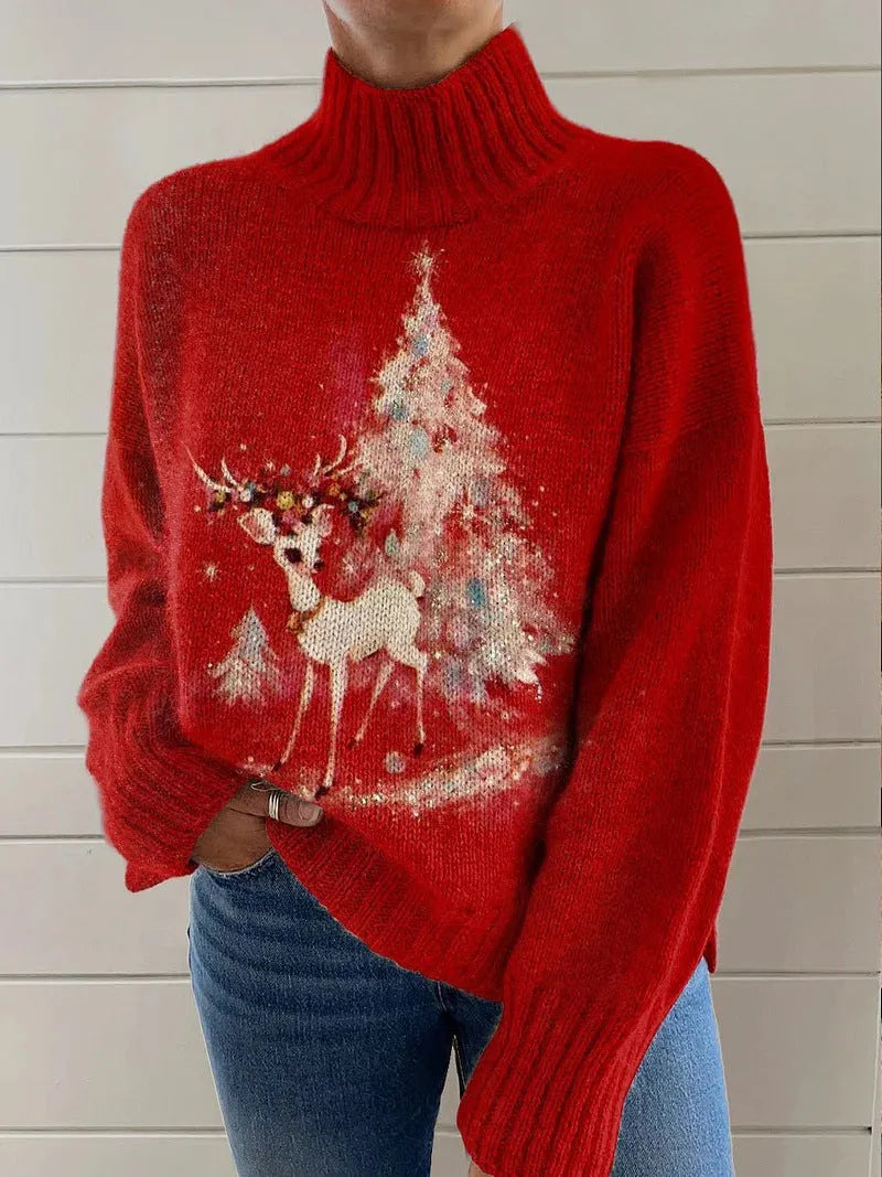 Women's Christmas printed turtleneck pullover sweater in loose casual style with long sleeves
