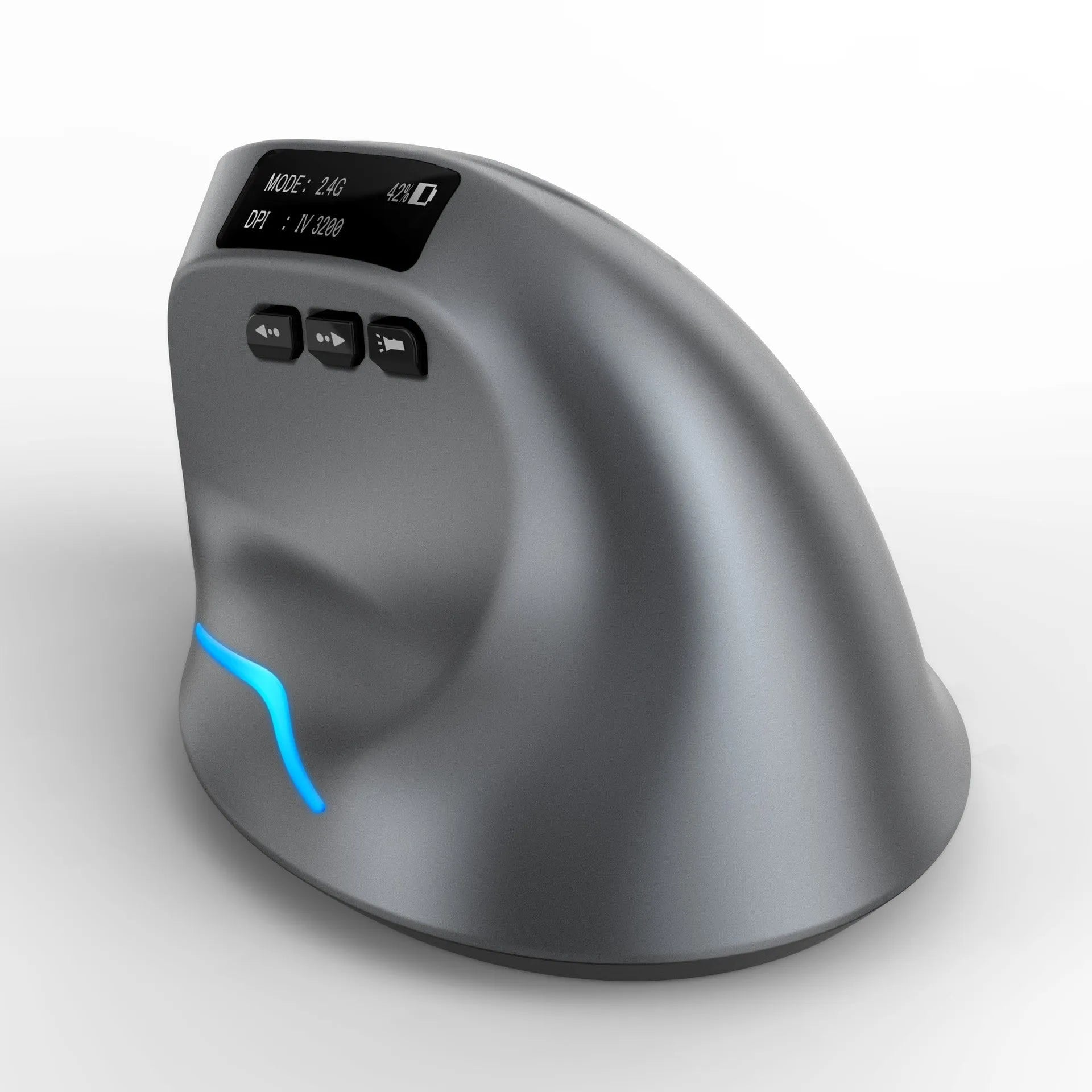 Grey Bluetooth vertical mouse with handheld grip design and wireless charging capability