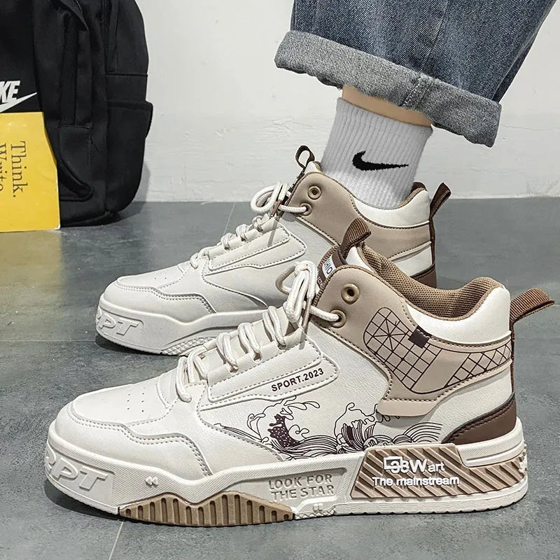 Men's beige, white and blue high-top board shoes with lace-up front and rubber sole.