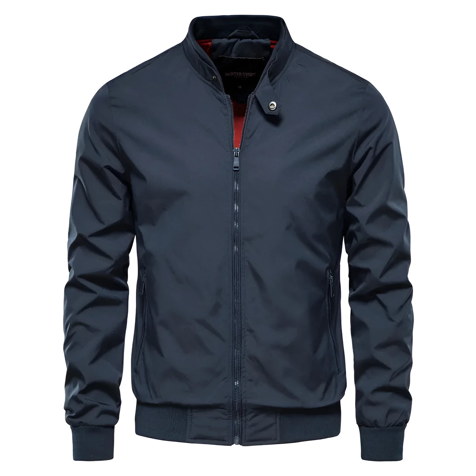Men's thin solid colour casual jacket in polyester, shown in army green, dark blue, and black.