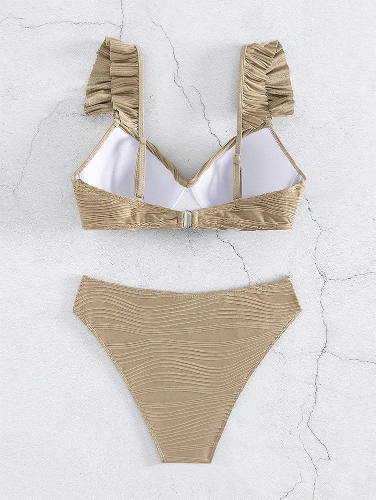 Solid colour women's bikini swimsuit in black or khaki with polyester construction