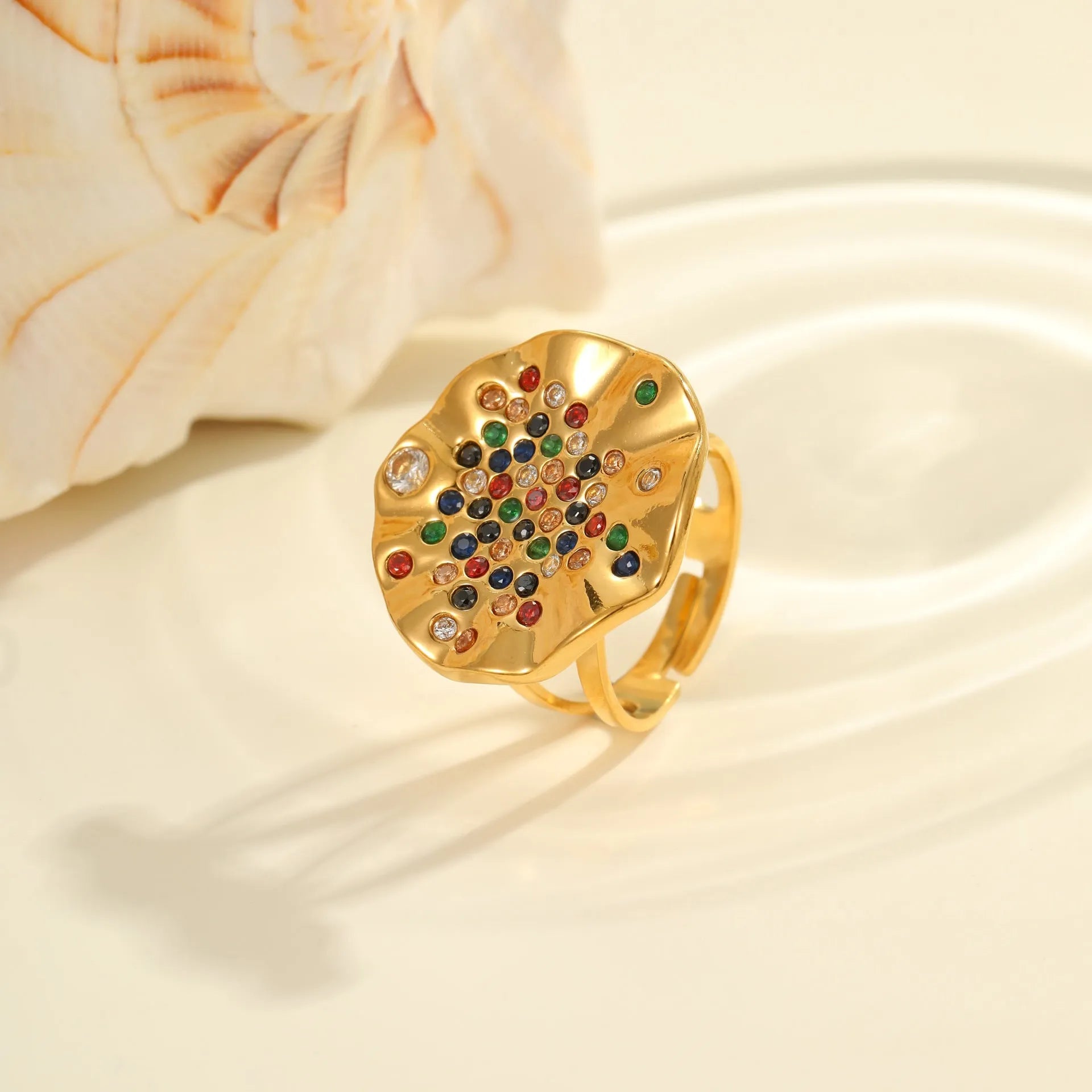 Geometric titanium steel ring with colourful crystal inlays and open mouth design