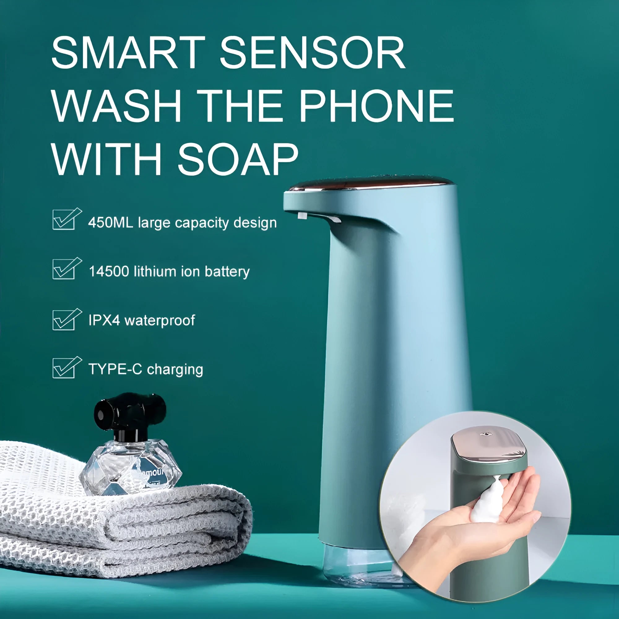 Automatic foam soap dispenser in white with infrared sensor, USB charging port, and compact desktop design
