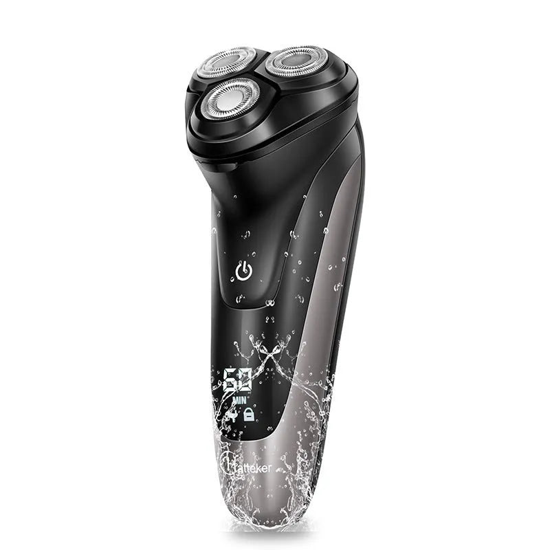 Men's electric shaver with three floating heads, pop-up sideburn trimmer, USB cable, and cleaning brush