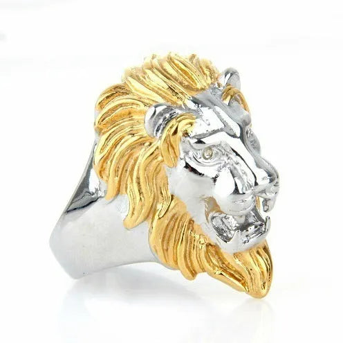 Personality punk lion head ring for men in alloy, available in gold and silver, geometric shape, sizes 7 to 15