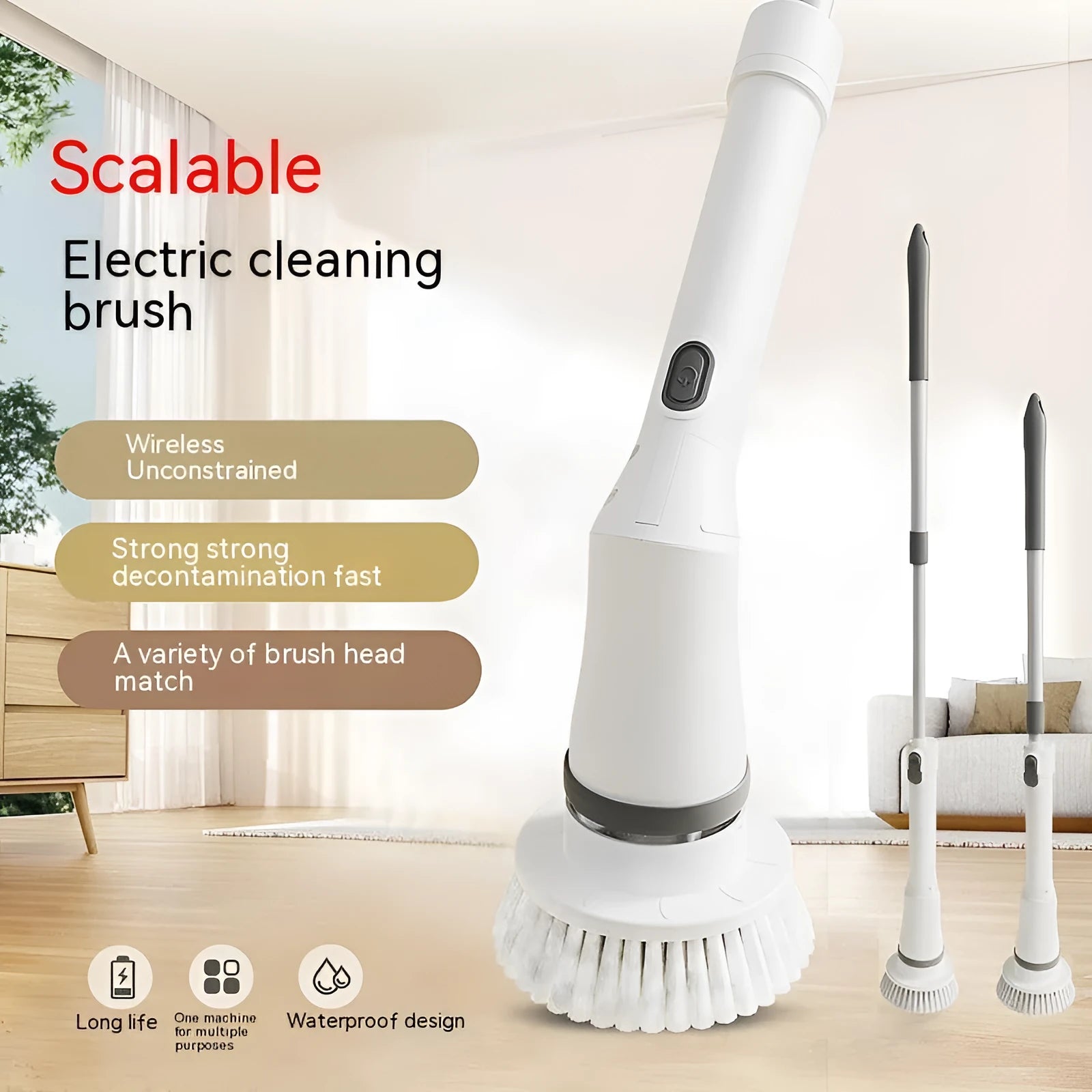 White electric scrubber cleaning brush with long telescopic handle and Type-C charging interface on a floor