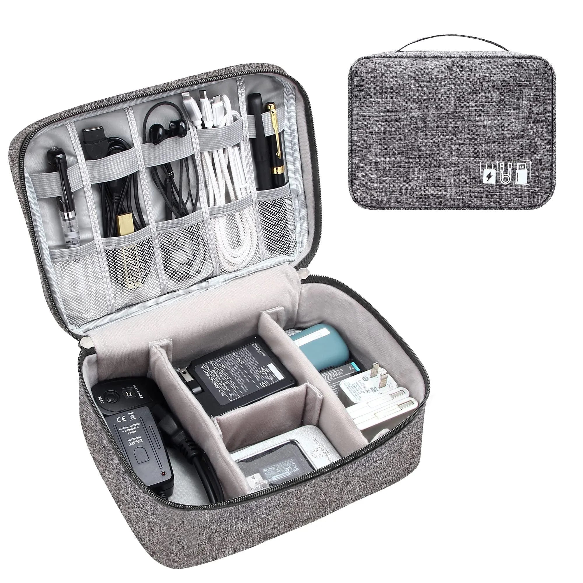 Black waterproof travel cable organiser bag open, showing mesh pockets, elastic loops, and removable padded dividers.