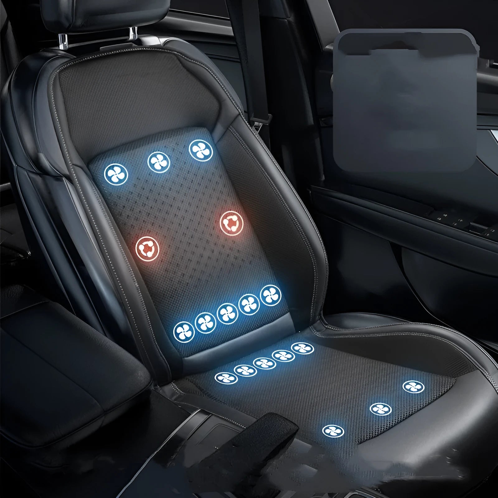 Black car seat cooling pad with 12V/24V universal power connector and USB charging port