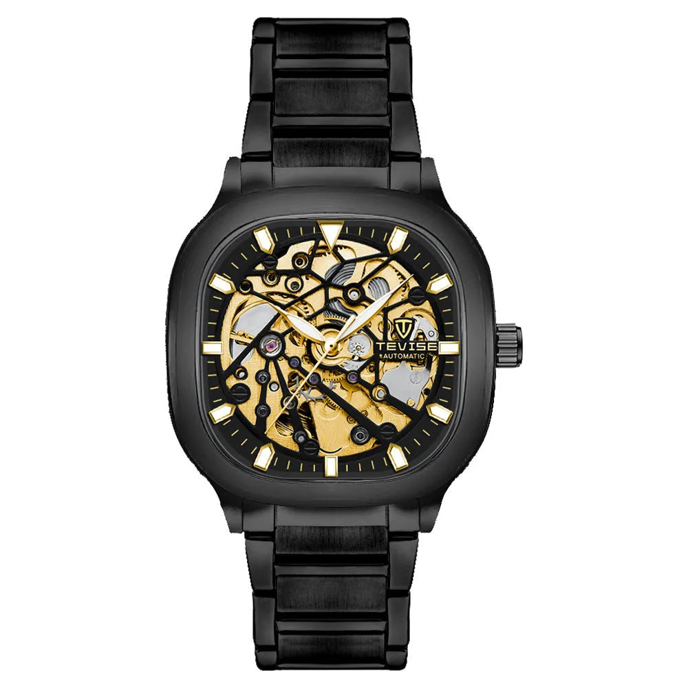 Men's automatic waterproof watch with square luminous dial and stainless steel strap