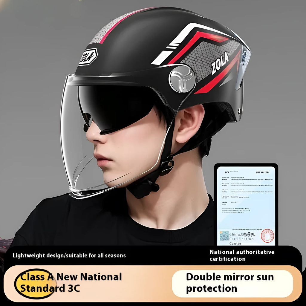 Universal 3C motorcycle half helmet with double mirror visor in light brown colour