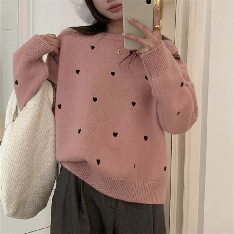 Women's loose fit acrylic pullover sweater with embroidery detail in milky white colour