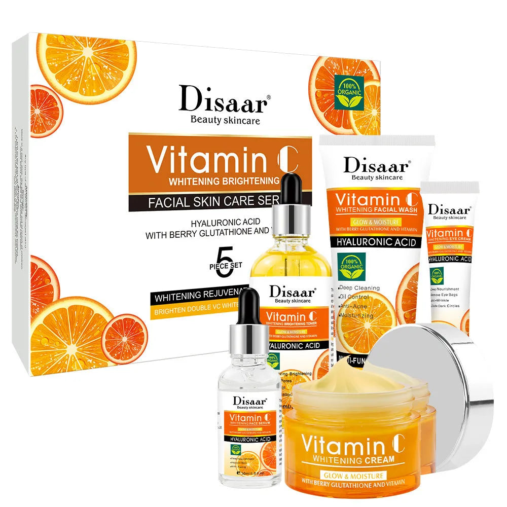 Vitamin C facial care set with toner, emulsion, serum, cream, and eye cream in coordinated packaging