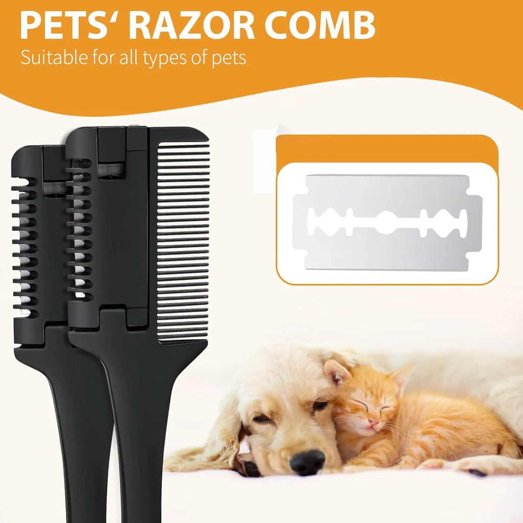 Pet razor comb grooming tool with comb teeth and razor blade, includes ten spare blades.