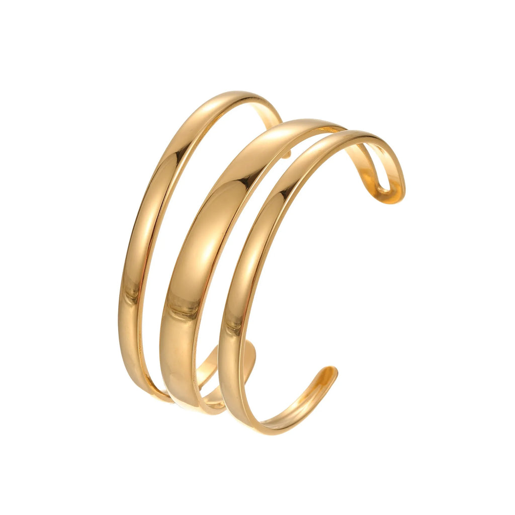 Gold and steel colour geometric line design stainless steel bracelet for women with simple opening clasp.