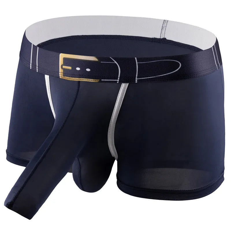 Men's solid colour boxer shorts in ice silk fabric, shown in grey, on a white background.