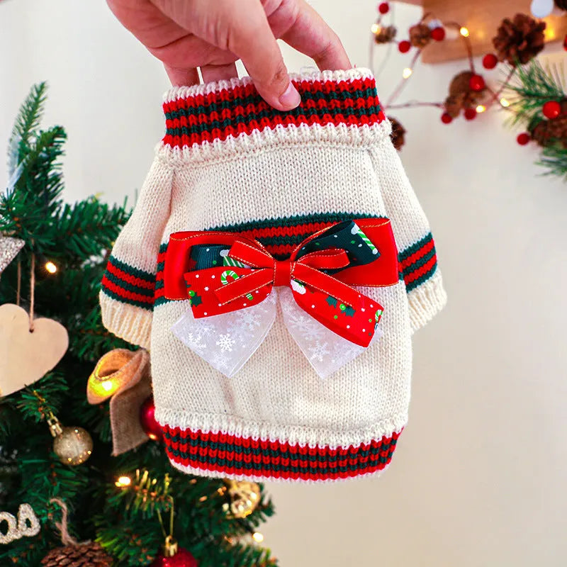 Red or green Christmas-themed polyester sweater for small dogs or cats on a festive background