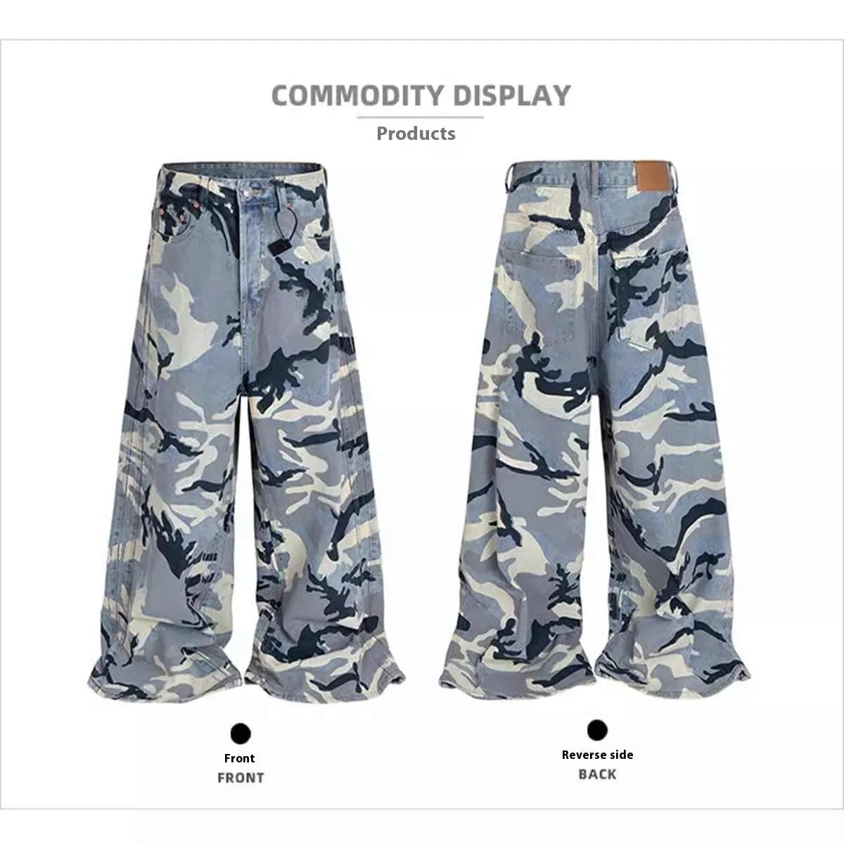 Snow camouflage blue loose-fit denim jeans laid flat, showing mid waist and trouser cut.
