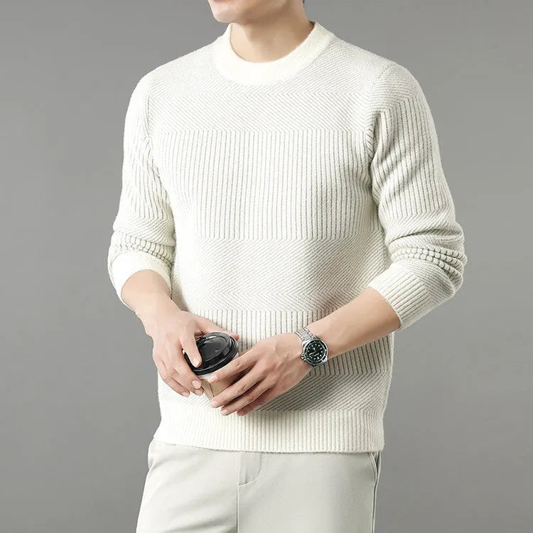 Men's round neck long sleeve chenille base sweater in apricot, straight fit, on a plain background