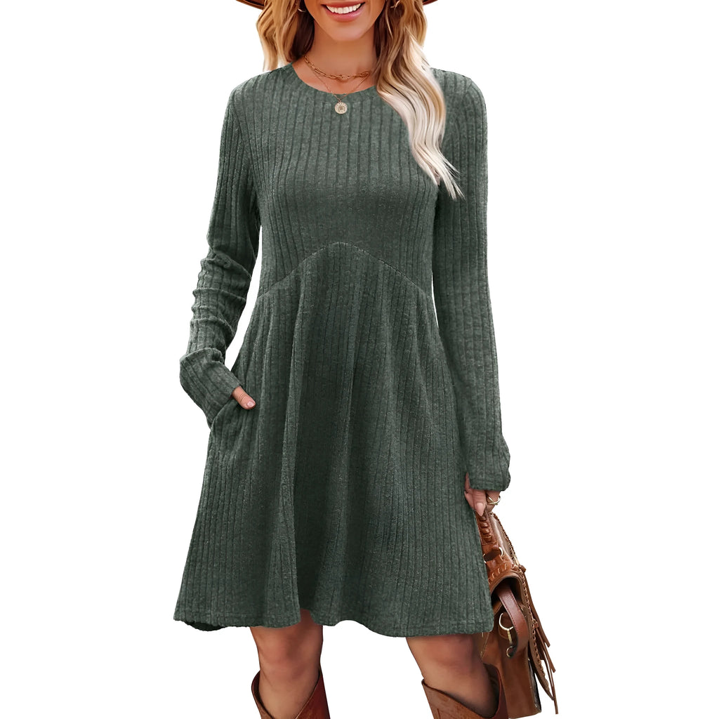 Women's bohemian brushed sunken stripe midi dress in apricot, wide waist, solid colour stitching detail, front view