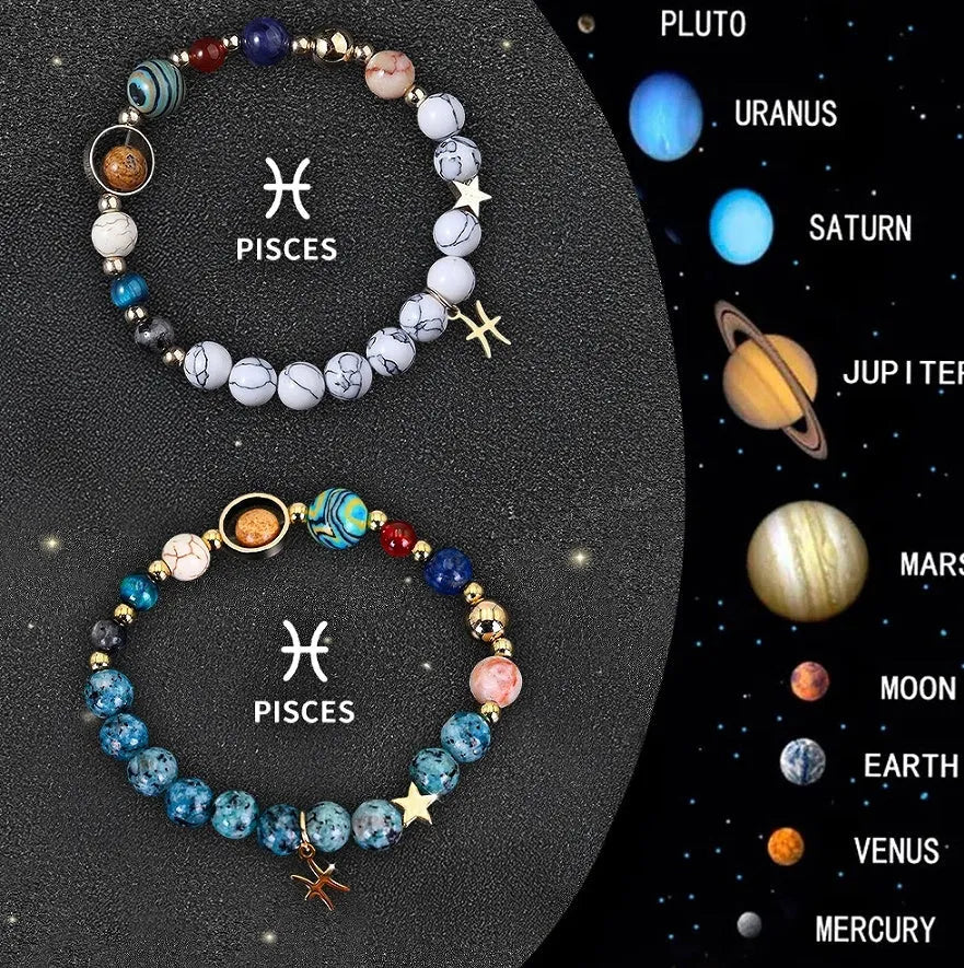 Set of twelve natural stone bead zodiac bracelets showing different star sign designs with adjustable strings
