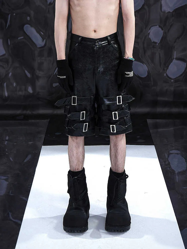 Men's black PU leather cropped shorts with mid-low waist design
