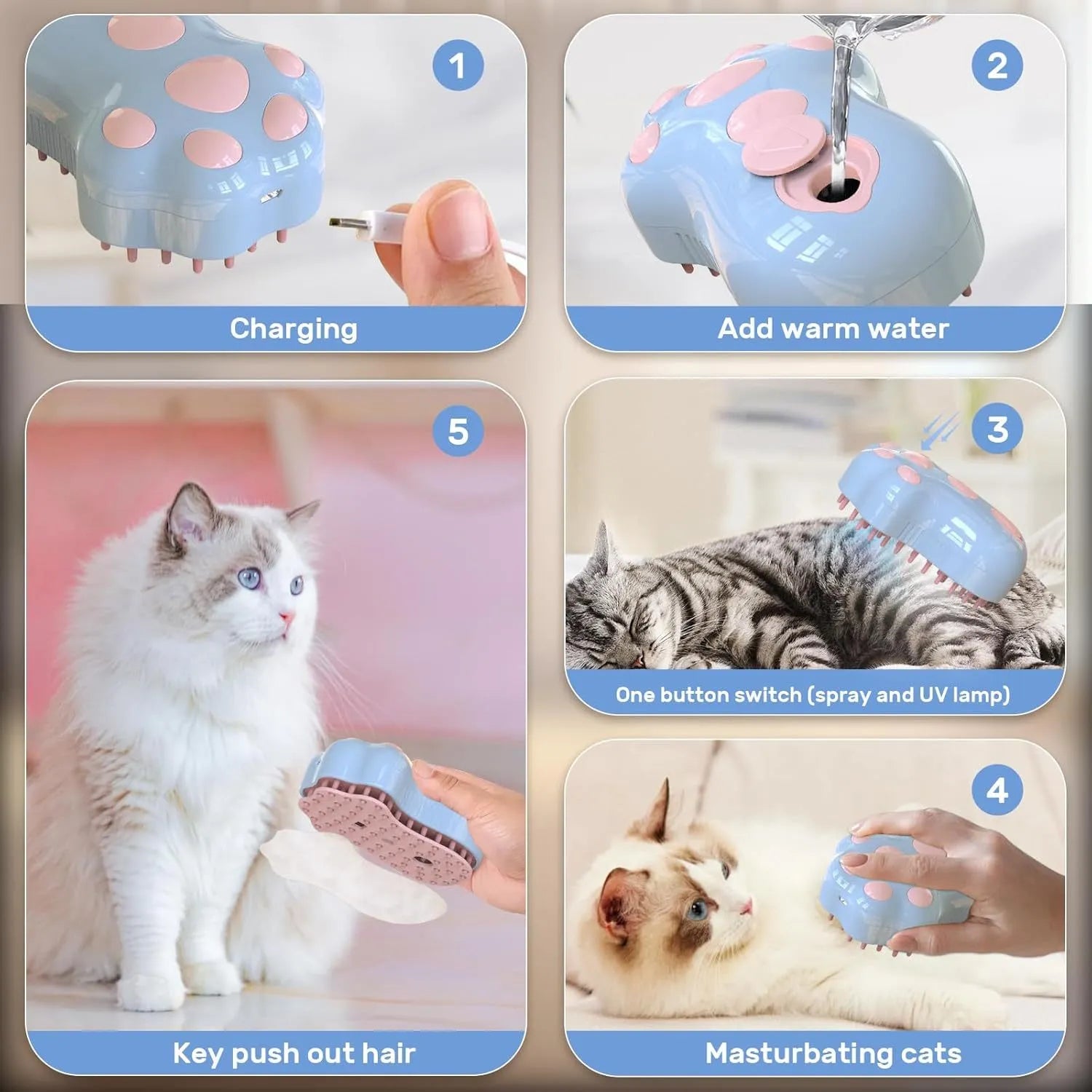 Blue self-cleaning cat grooming brush with silicone bristles and steam spray function on a pink background.