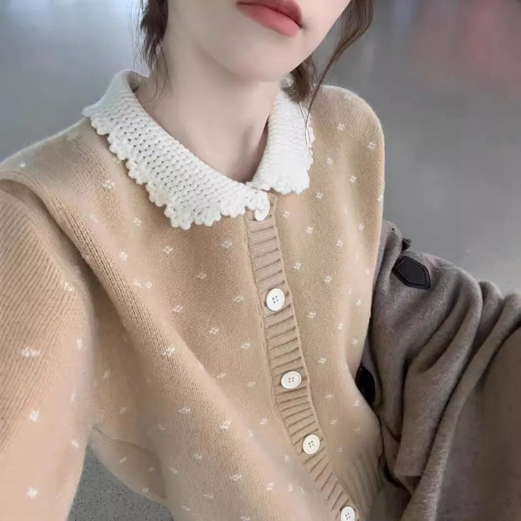 Retro Peter Pan collar knitted cardigan coat with floral pattern in cashmere blend fabric