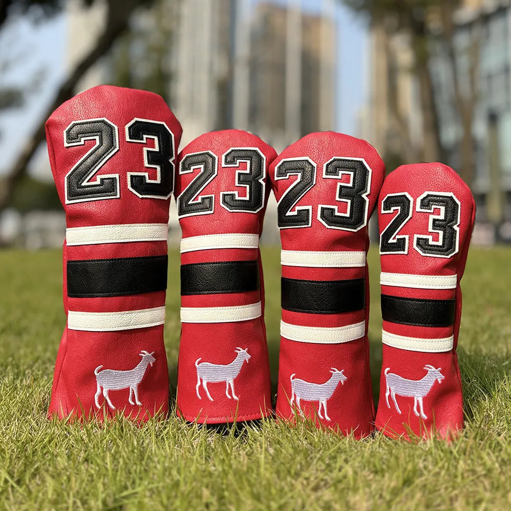 Ram No 1 golf club headcover set showing red, black, white, and yellow PU iron covers and a square putter sleeve.