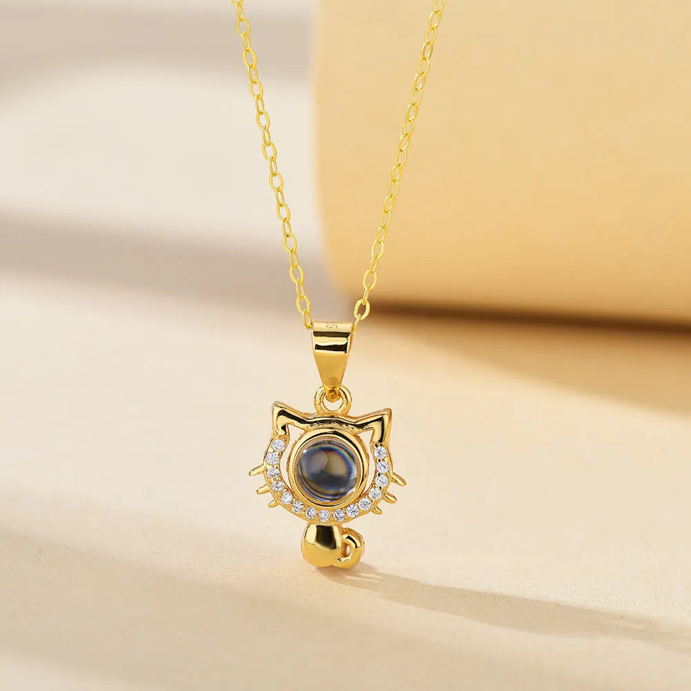 I Love Your Cat Photo Customized Projection Necklace 925 silver pendant with cat photo customisation in white gold finish