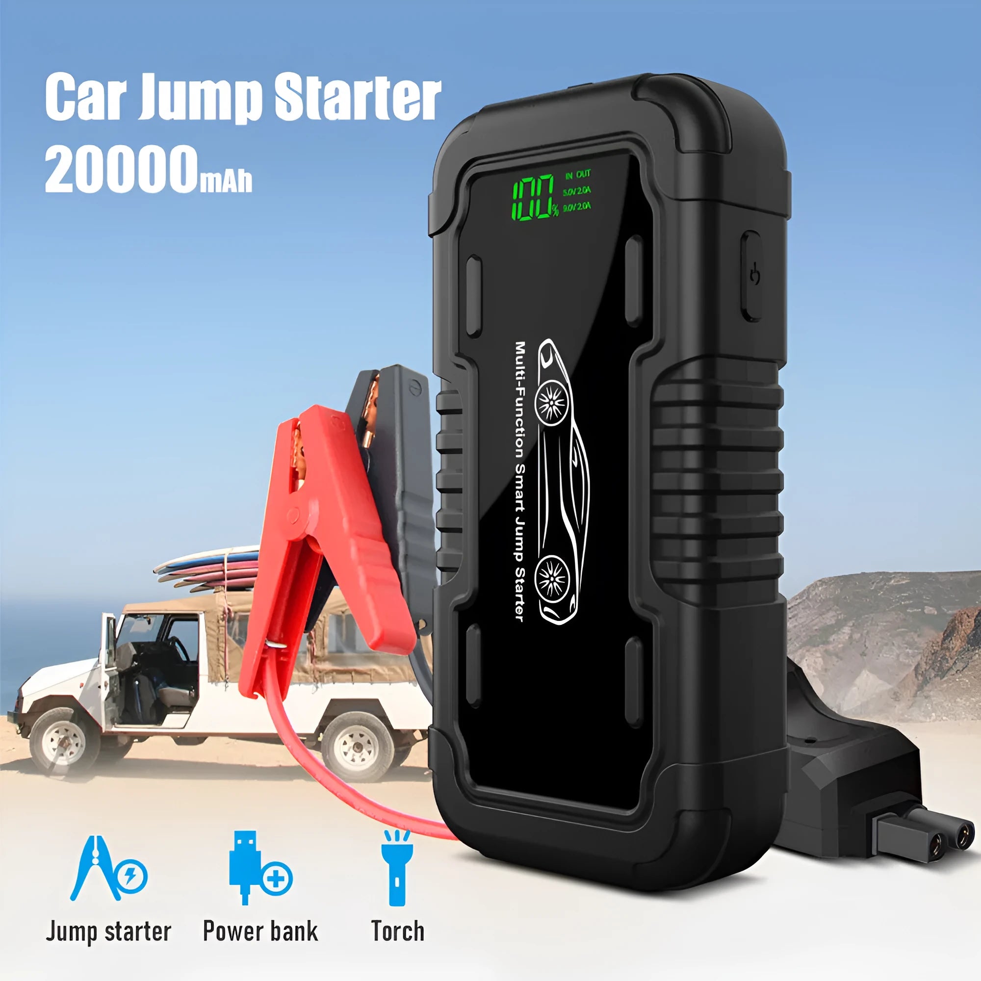 20000mAh car emergency start power supply with LED lighting and Type-C charging cable