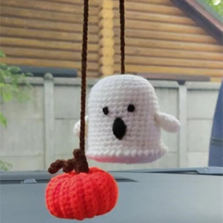 Plush hand-woven polyester automobile hanging ornament with cartoon style design on car dashboard