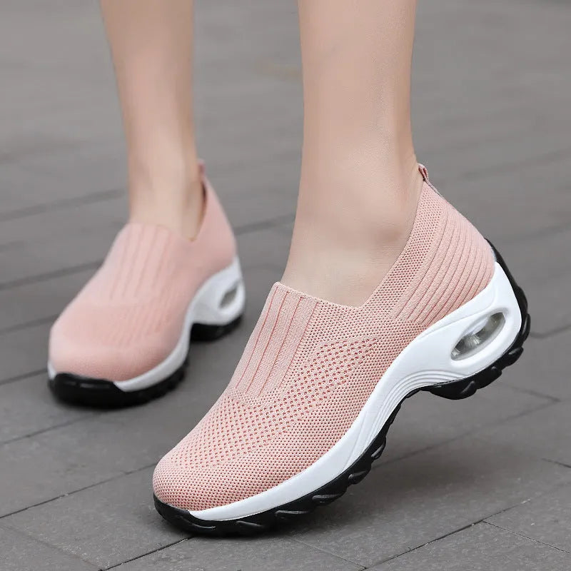 Breathable mesh slip-on sports shoes for women with air cushion sole, round toe, thick bottom, available in light gray