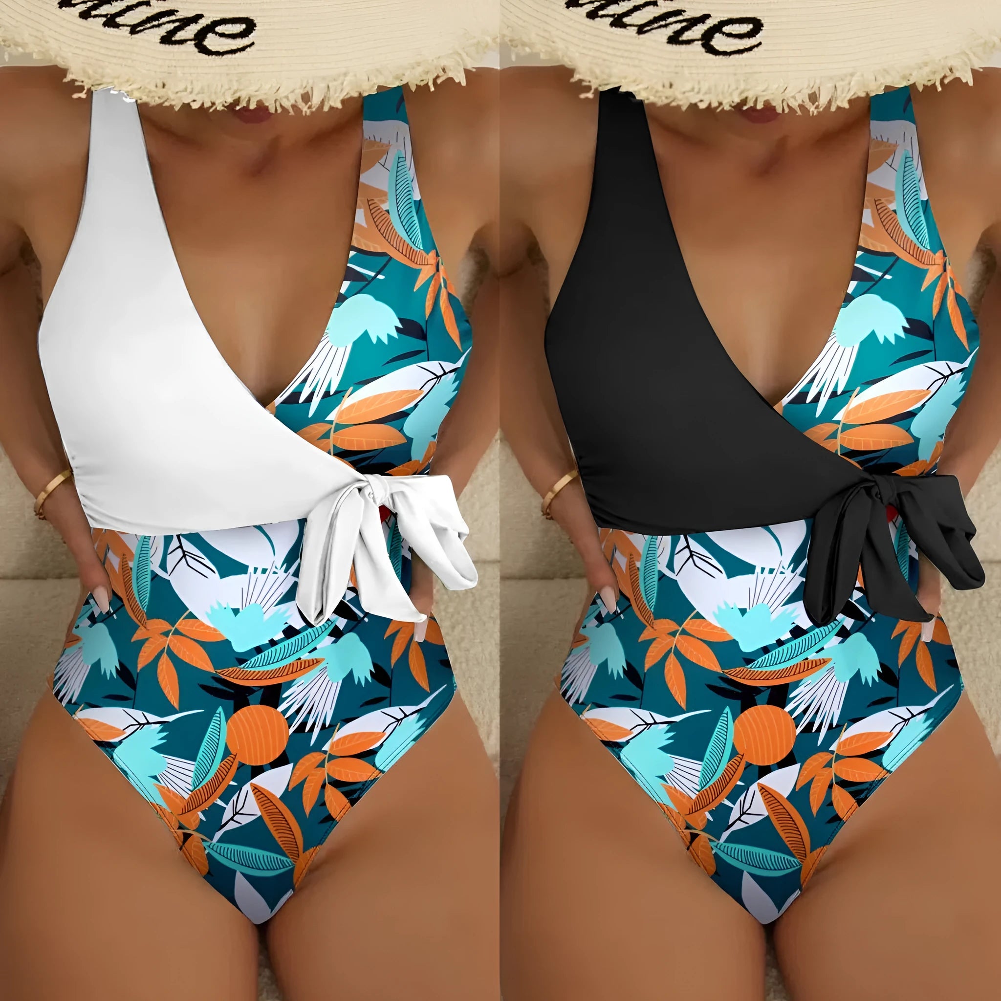 Women's high-waist one-piece swimsuit with an all-over printed pattern in a conservative style.