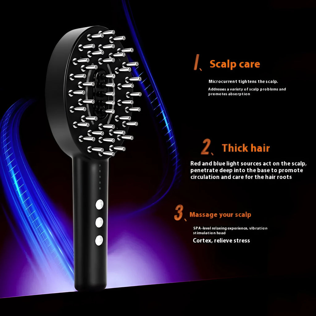 Black rechargeable scalp vibration massage device with multiple therapy heads and charging cable