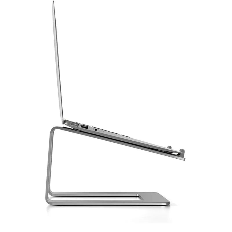 Black aluminium alloy laptop stand measuring 29.9 x 25.8 x 18.5 cm for 13-17 inch notebooks